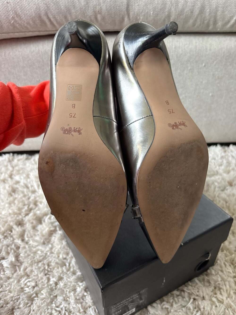 Coach Lauri Gunmetal Metallic and Black Leather Pointed-Toe Kitten Pumps - Picture 4 of 4